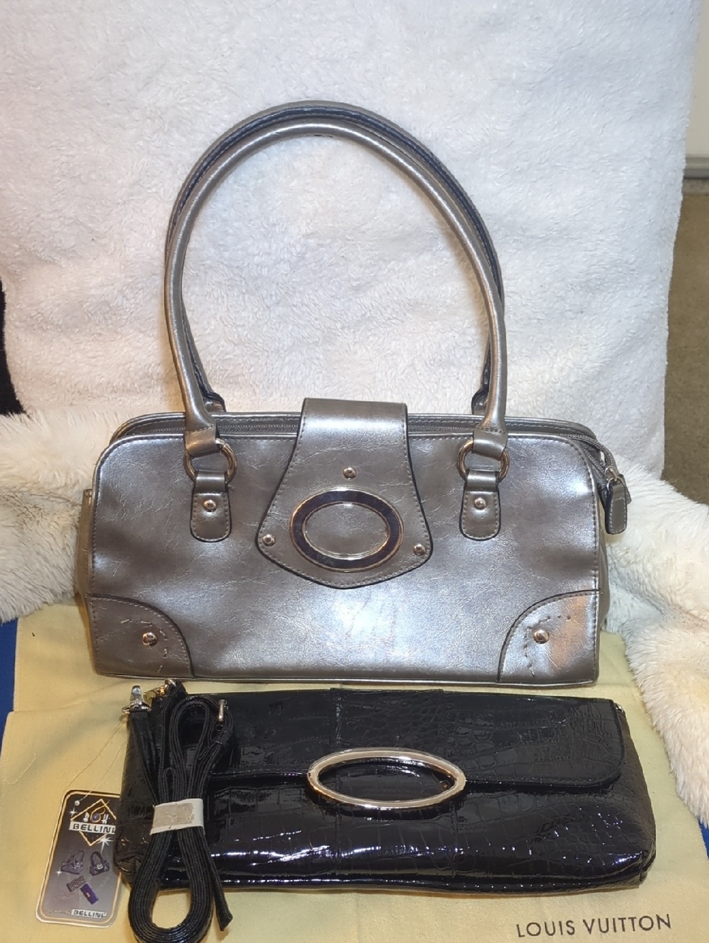 Bellini Black Croc-Embossed Patent Clutch  Silver Oval Hardware &Crossbody Strap